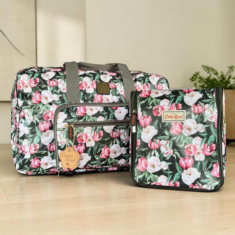 Cotton Road Travel Bag green floral PVC foldaway weekender with matching hanging vanity set