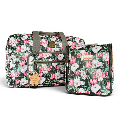 Cotton Road Travel Bag green floral PVC foldaway weekender with matching hanging vanity set