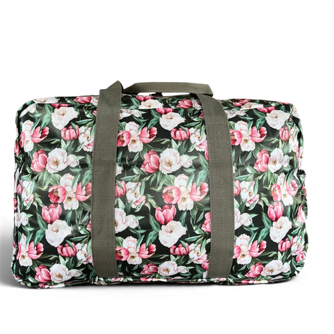 Cotton Road Travel Bag green floral foldaway weekender with matching hanging vanity set in durable PVC