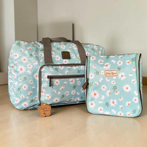Cotton Road Travel Bag turquoise daisy foldaway weekender with matching hanging vanity set