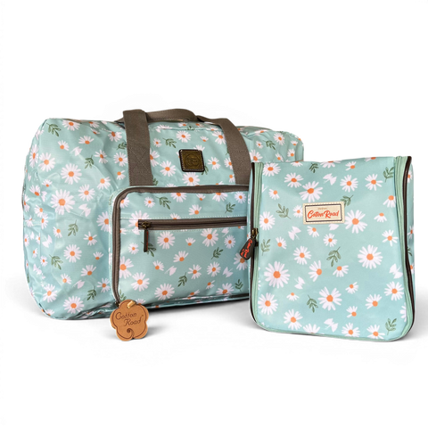 Cotton Road Travel Bag turquoise daisy foldaway weekender and matching hanging vanity set in PVC