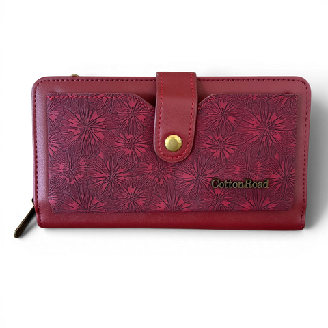 Cotton Road large maroon red PU leather wallet with embossed floral pocket and adjustable sling strap