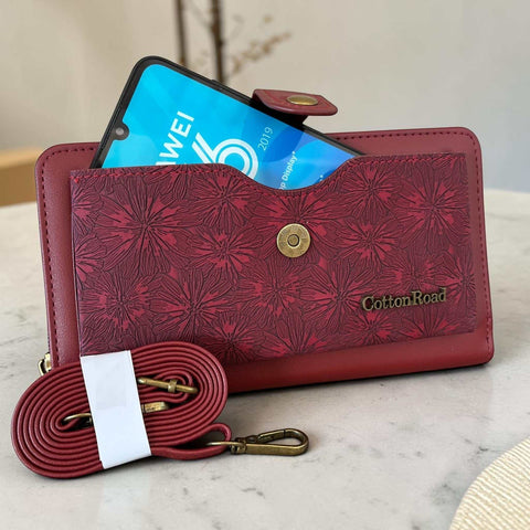 Cotton Road large maroon red PU leather wallet with embossed floral pocket and adjustable shoulder strap
