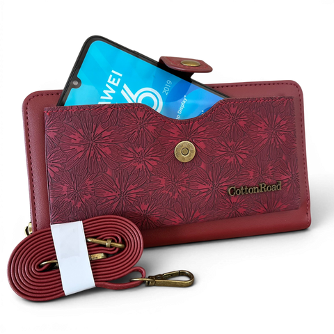 Cotton Road large maroon red PU leather cellphone sling wallet with embossed floral pocket and adjustable strap