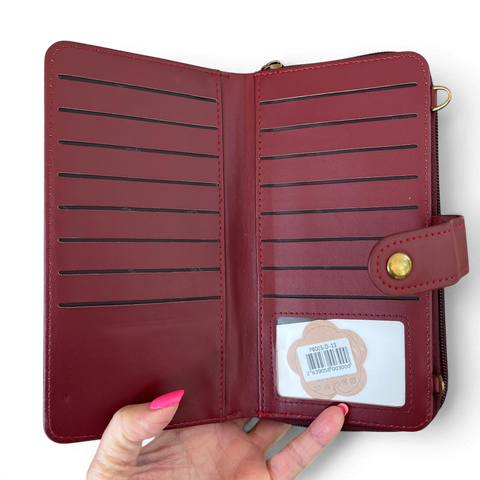Cotton Road large maroon red PU leather cellphone sling wallet with embossed floral pocket and adjustable strap