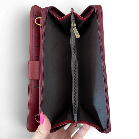 Cotton Road wallet large maroon red PU leather cellphone sling with embossed floral pocket and multiple compartments