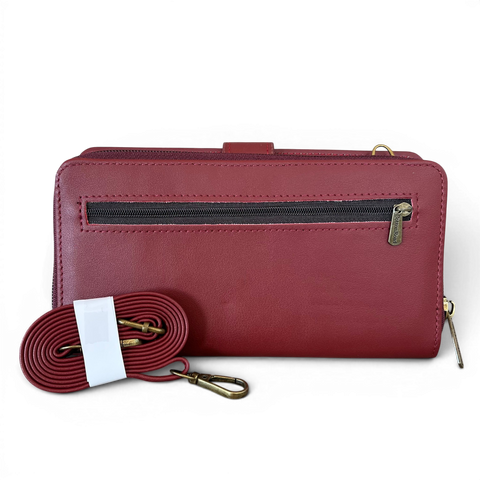 Cotton Road wallet large maroon red PU leather cellphone sling with embossed floral pocket and adjustable strap