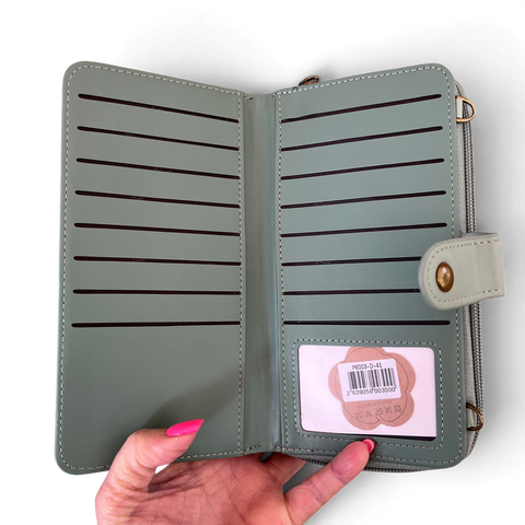 Cotton Road wallet large green PU leather cellphone sling with embossed floral pocket and adjustable strap