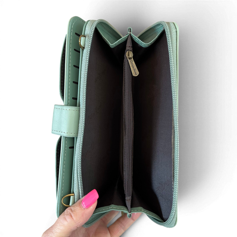 Cotton Road large green PU leather cellphone sling wallet with embossed floral pocket and adjustable strap