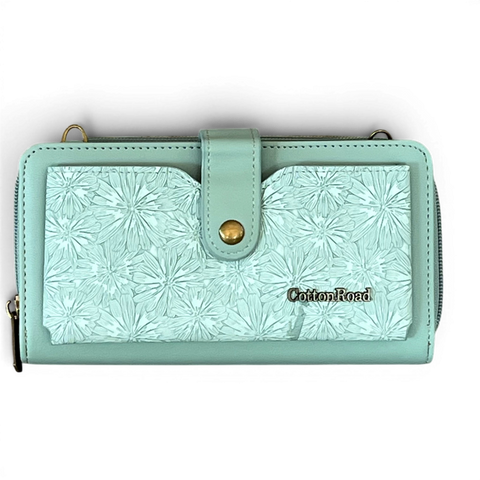 Cotton Road large green PU leather wallet with embossed floral pocket and adjustable shoulder strap