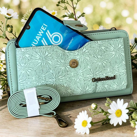 Cotton Road large green PU leather wallet with embossed floral pocket and adjustable shoulder strap