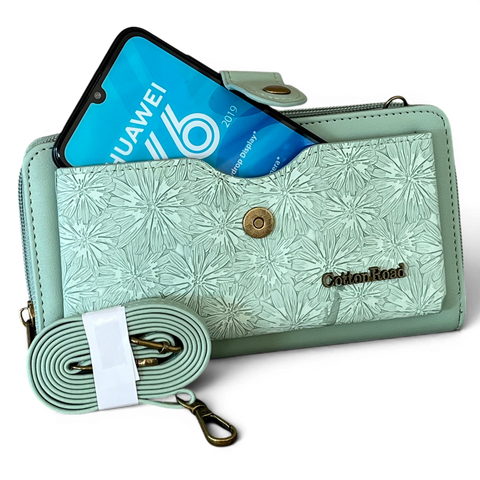 Cotton Road large green PU leather wallet with embossed floral pocket and adjustable shoulder strap