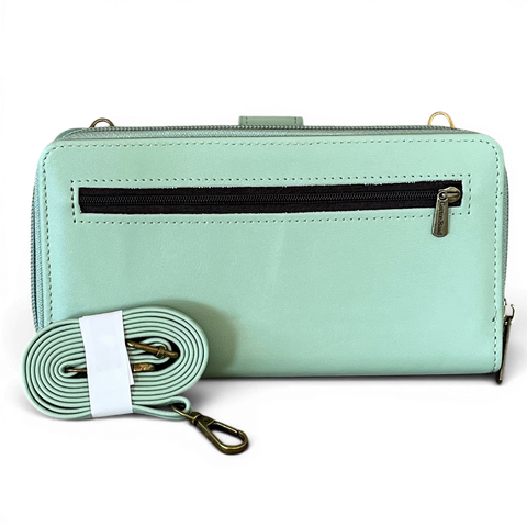 Cotton Road large green PU leather wallet with floral pocket, adjustable strap, and multiple compartments for organization