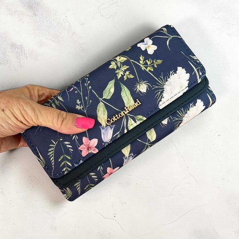 Cotton Road Wallet large blue floral PU leather with gold-tone hardware and multiple compartments for women