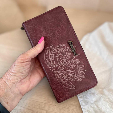 Cotton Road Wallet large pink PU leather with embroidered Protea design and multiple compartments