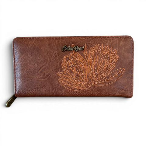 Cotton Road Wallet large brown PU leather with embroidered Protea design and multiple compartments