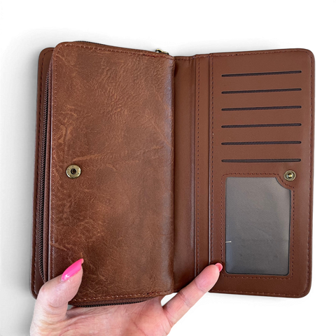Cotton Road Wallet large brown PU leather with embroidered Protea design and multiple compartments
