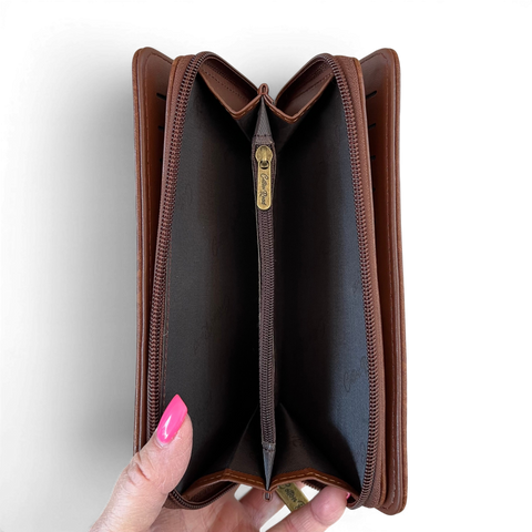 Cotton Road Wallet large brown PU leather with embroidered Protea design and multiple compartments