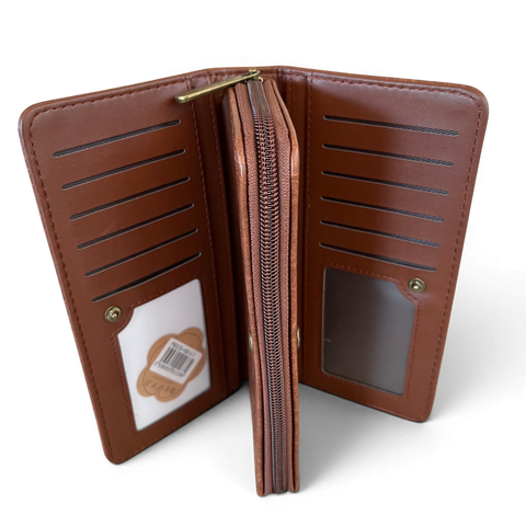 Cotton Road brown PU leather handbag and matching wallet set with embroidered protea design and antique brass hardware