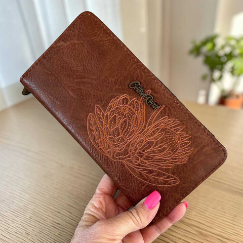 Cotton Road Wallet large brown PU leather with embroidered protea design and multiple compartments for organized storage