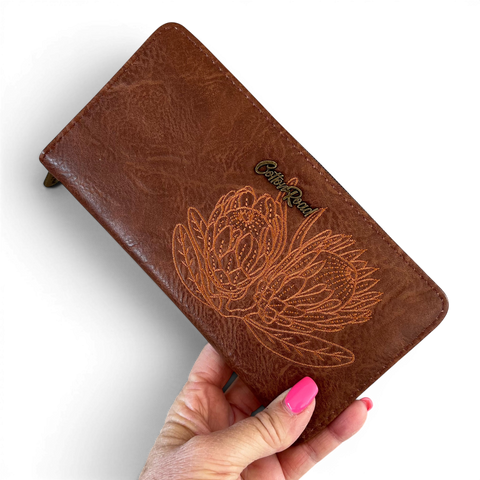 Brown Cotton Road handbag and matching wallet set with embroidered Protea design in PU leather