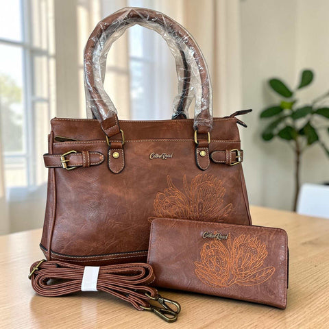 Cotton Road brown PU leather handbag and matching wallet set with embroidered Protea design and antique brass hardware