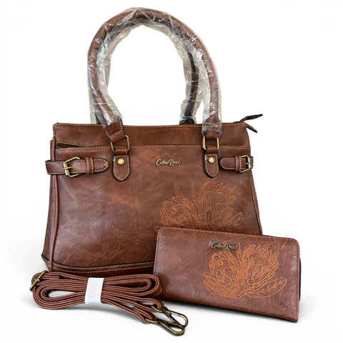 Cotton Road Brown PU leather handbag and matching wallet set with embroidered Protea design and antique brass hardware