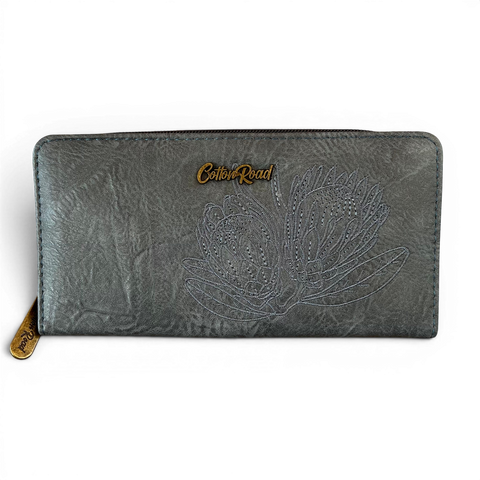 Cotton Road Wallet large blue PU leather with embroidered protea design and multiple card slots