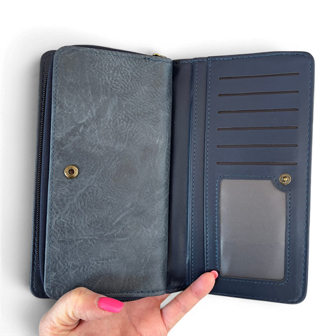 Cotton Road Wallet large blue PU leather with embroidered Protea design and multiple compartments