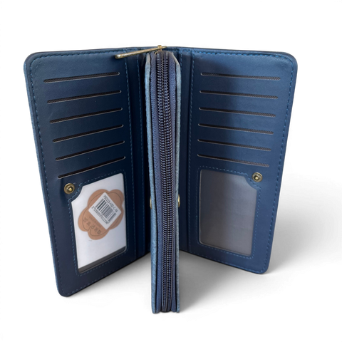 Cotton Road Wallet large blue PU leather with embroidered Protea design and multiple compartments