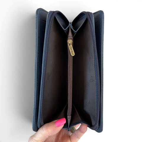 Cotton Road wallet large blue PU leather with embroidered Protea design and multiple compartments for organized storage