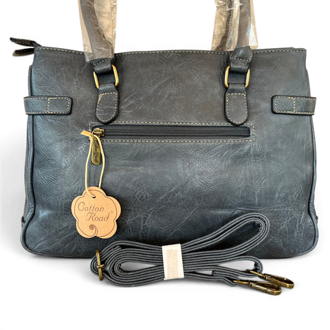 Cotton Road Handbag blue PU leather with embroidered Protea design and antique brass hardware