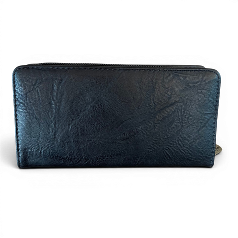 Cotton Road Handbag and matching wallet in black PU leather with embroidered Protea design and antique brass hardware