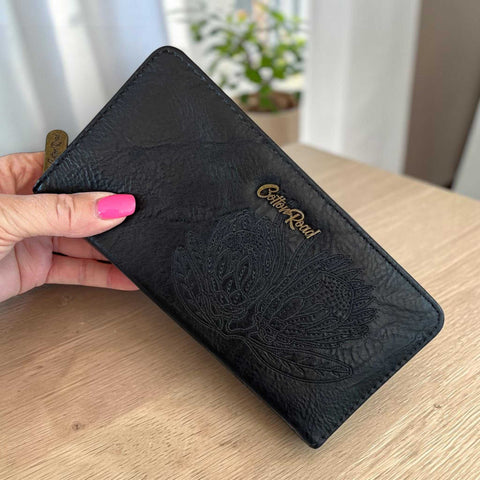 Cotton Road Wallet large black PU leather with embroidered Protea design and multiple compartments