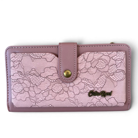 Large pink Cotton Road wallet in PU leather with lace print and multiple compartments