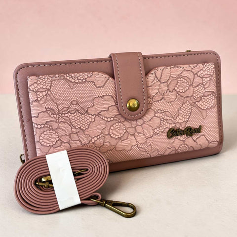 Cotton Road Wallet large pink PU leather cellphone sling with lace print and adjustable strap