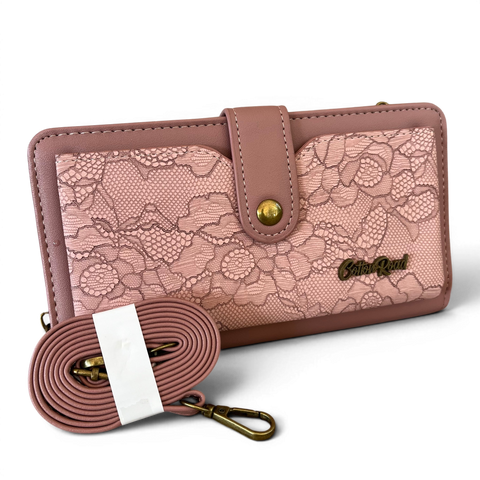 Cotton Road Wallet large pink PU leather cellphone sling with lace print and adjustable strap