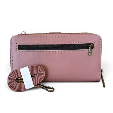 Cotton Road Wallet large pink PU leather cellphone sling with lace print and multiple compartments