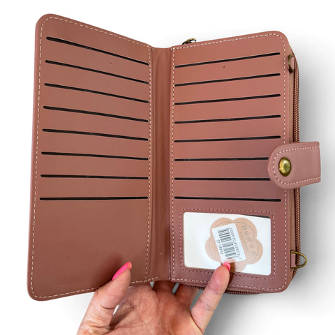 Cotton Road Wallet large pink PU leather cellphone sling with lace print and multiple compartments
