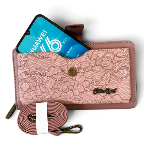 Cotton Road Wallet large pink PU leather cellphone sling with lace print and multiple compartments