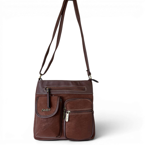 Cotton Road brown PU leather sling bag with multiple pockets and adjustable strap