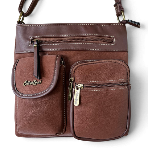 Cotton Road brown PU leather sling bag with multiple zip pockets and adjustable strap for women