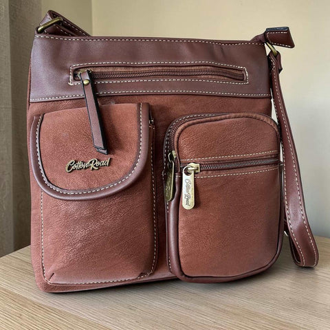 Cotton Road brown PU leather sling bag with multiple zip and magnetic pockets and adjustable strap