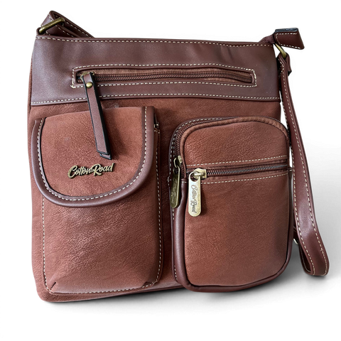 Cotton Road brown PU leather sling bag with multiple pockets and adjustable strap