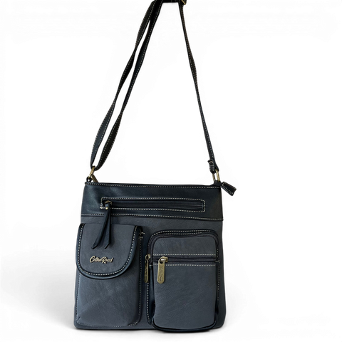 Cotton Road Sling Bag black PU leather crossbody with multiple zip pockets and adjustable strap