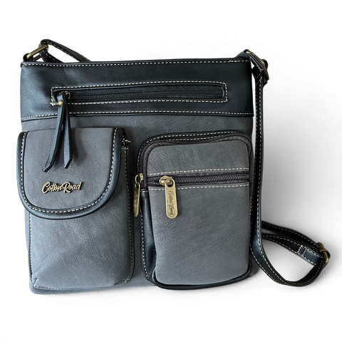 Cotton Road black PU leather sling bag with multiple pockets and adjustable strap