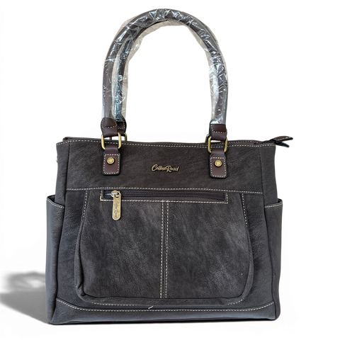 Cotton Road Khaki PU Leather Handbag with top stitch and antique brass hardware, spacious zip compartments and adjustable shoulder strap