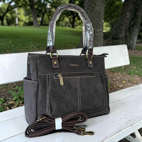 Cotton Road handbag in dark coffee PU leather with top stitching and multiple zip compartments