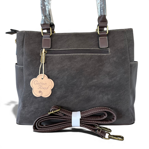 Cotton Road Handbag in dark coffee PU leather with top stitch and antique brass hardware, featuring multiple zip compartments and adjustable shoulder strap.