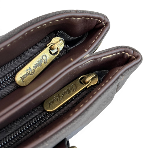 Cotton Road Handbag in dark coffee PU leather with top stitch and antique brass hardware